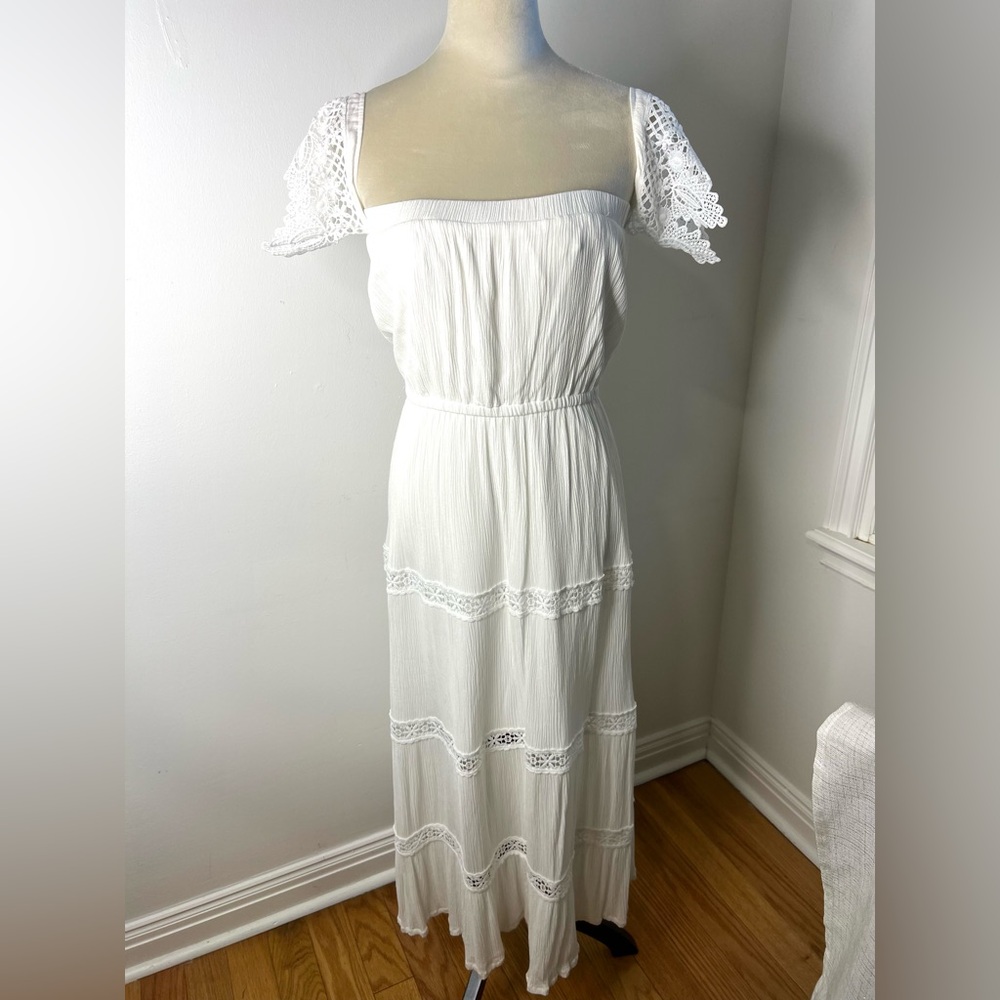 Shinestar Boho Peasant White Midi Dress Lace Off Shoulder  SZ L EUC